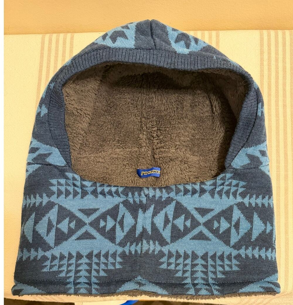 Pendleton Merino Wool Balaclava Hood Geometric Blue Fleece Lined
